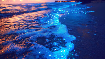 glowing bioluminescent waves on the beach at night under starry sky