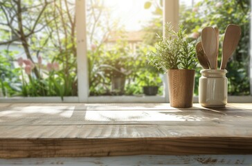 Wooden Table With Utensils and Cup of Liquid