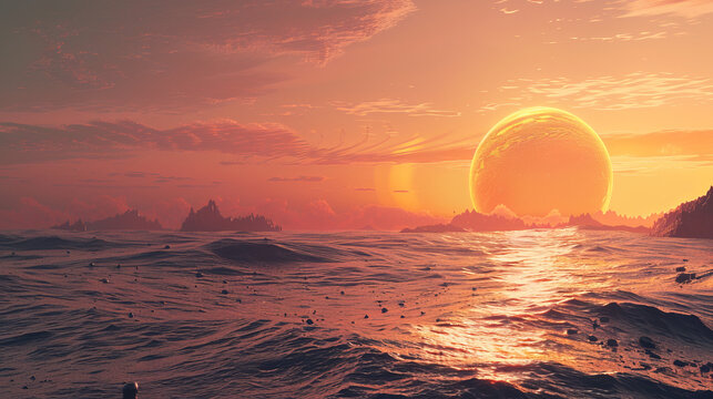 A mesmerizing 3D rendering presents a breathtaking sunset view from the surface of an alien world. The landscape features an otherworldly ocean and surreal terrain.