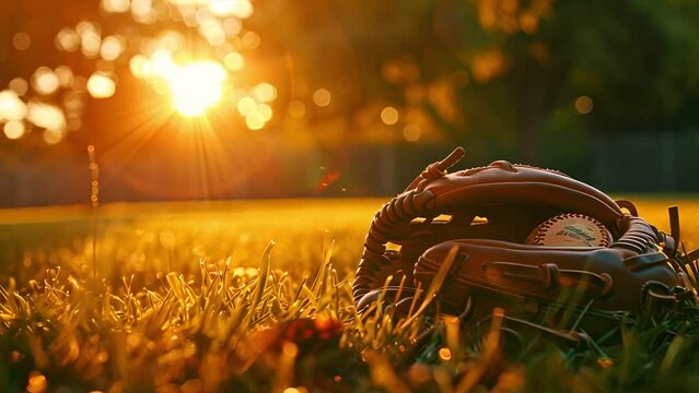 Pushing towards a baseball mitt with a baseball in it sitting on grass as the sun sets between tree branches in the distance