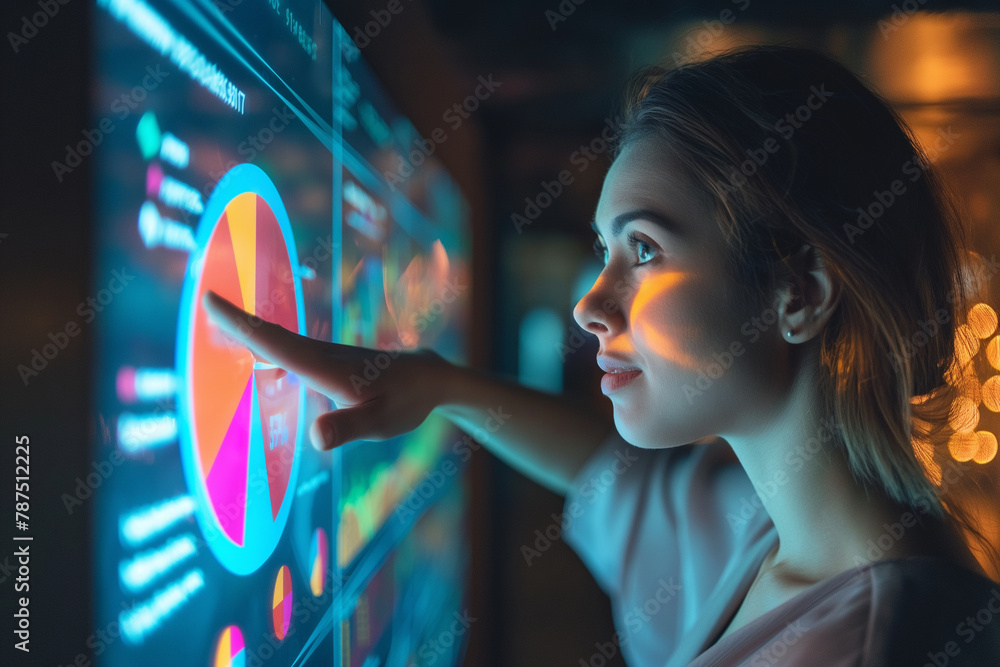 Poster surrounded by glowing charts and colorful data visualizations, the woman gestures towards a pie char