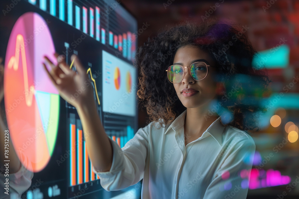 Poster surrounded by glowing charts and colorful data visualizations, the woman gestures towards a pie char