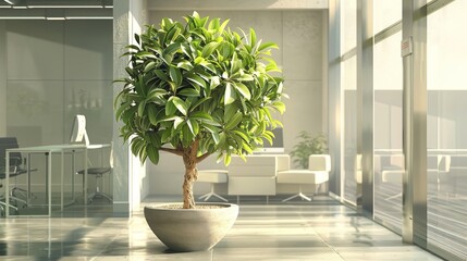 A digitally manipulated image of a money tree growing in an office space  AI generated illustration