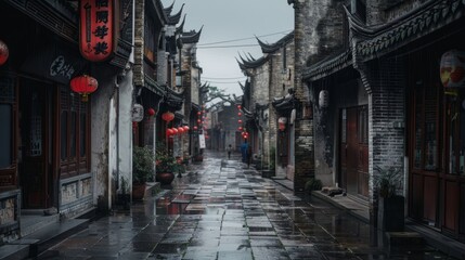 A foreboding city street lined with ancient buildings  AI generated illustration
