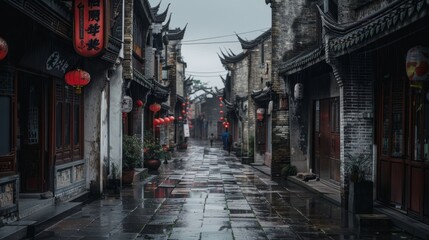 Fototapeta premium A foreboding city street lined with ancient buildings AI generated illustration