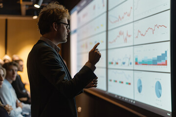 Beside a screen filled with interactive graphs, the man illustrates cost-benefit analyses, his audience nodding in agreement at the clear strategic vision.