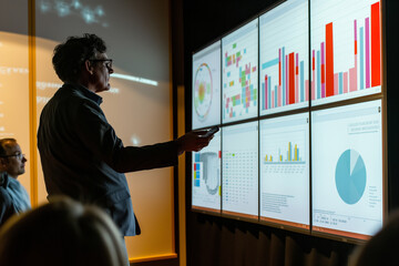 Beside a screen filled with interactive graphs, the man illustrates cost-benefit analyses, his audience nodding in agreement at the clear strategic vision.