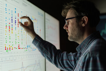 Beside a screen filled with interactive graphs, the man illustrates cost-benefit analyses, his audience nodding in agreement at the clear strategic vision.