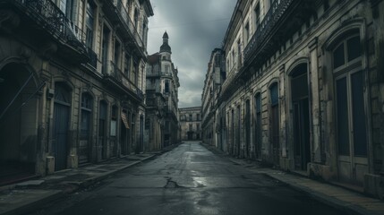 A foreboding city street lined with ancient buildings  AI generated illustration