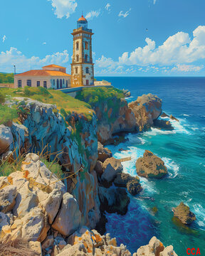 Vibrant Cuban Lighthouse Painting: Artistic Ocean Cliff Seascape Art