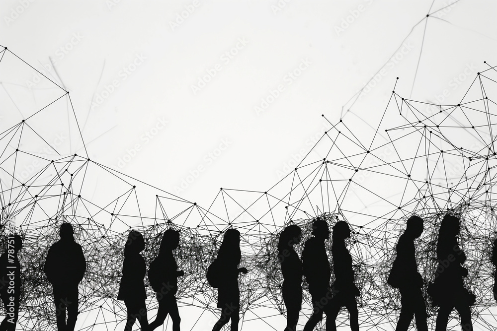 Poster against a minimalist backdrop, silhouettes of people are linked by intricate lines, symbolizing inte