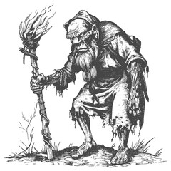 ogre mage or necromancer with magical staff images using Old engraving style