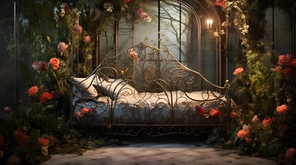 Artfully composed image featuring a garden-inspired iron bed, captured in breathtaking - obrazy, fototapety, plakaty