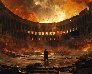 A gladiator standing alone in the center of an arena during its implosion
