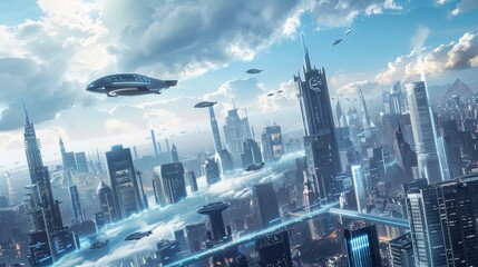 A futuristic cityscape with sleek skyscrapers and flying cars  AI generated illustration
