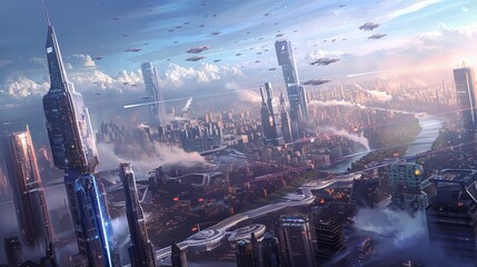A futuristic cityscape with sleek skyscrapers and flying cars  AI generated illustration