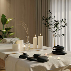 3d rendered photo of Massage table setting with white candles and black stones