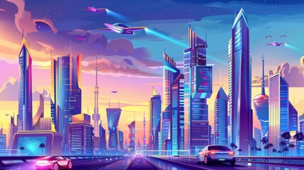 A futuristic cityscape with sleek skyscrapers and flying cars  AI generated illustration - obrazy, fototapety, plakaty