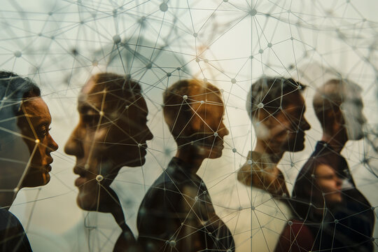 Individuals from various professions are visually linked by transparent lines, embodying the concept of a decentralized network of expertise and collaboration.