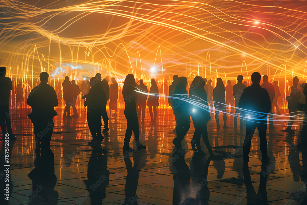 Poster silhouettes of people stand connected by dynamic lines that weave around them, illustrating the flui