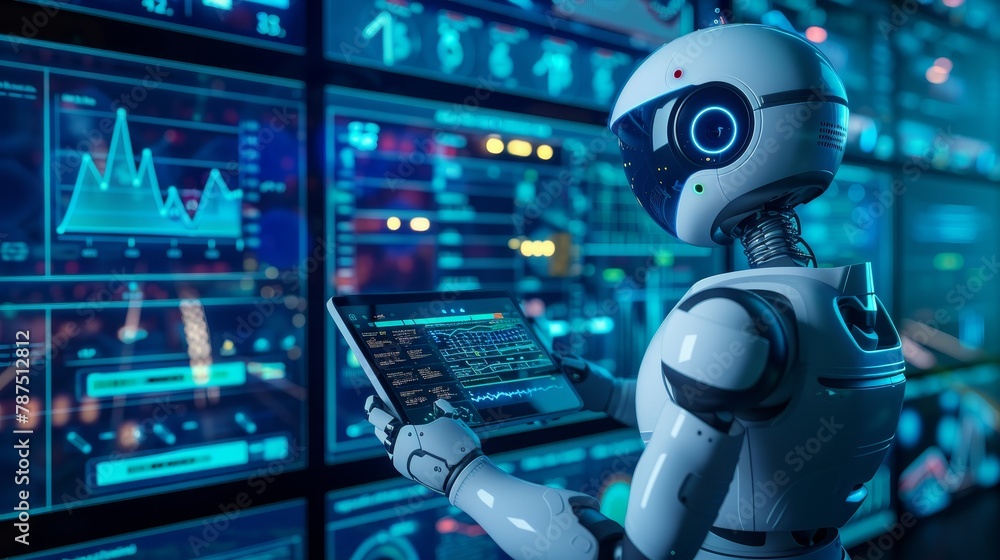 Poster a futuristic robot accountant crunching numbers in a virtual space ai generated illustration