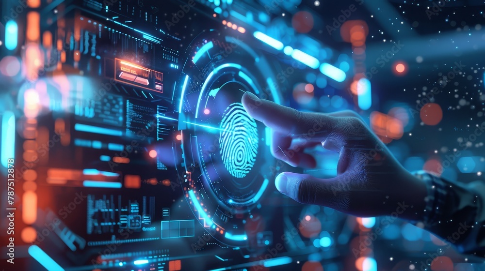 Poster a futuristic visualization of a digital wallet being accessed with biometric authentication ai gener