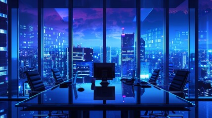 A futuristic illustration of a business table in an office setting at night  AI generated illustration - obrazy, fototapety, plakaty