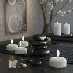 Obraz na płótnie Canvas 3d rendered photo of Massage table setting with white candles and black stones