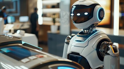 A futuristic robot banker processing digital payments  AI generated illustration