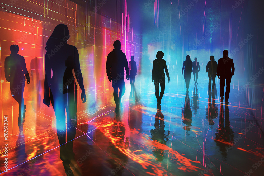 Poster amidst a digital realm, silhouettes of people are linked by pulsating lines, depicting the constant 