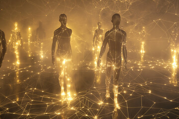 Ethereal figures stand connected by glowing pathways, symbolizing the intangible yet profound connections forged through modern communication platforms. - obrazy, fototapety, plakaty