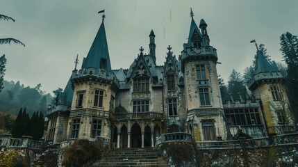 Naklejka premium A gothic castle with turrets reaching towards the sky AI generated illustration