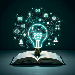 glowing light bulb with neon icons on blue background with open book 