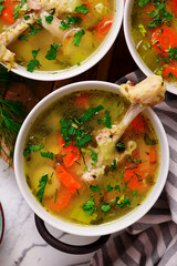 Polish Chicken soup with vegetables and barley .top veiw .style hugge
