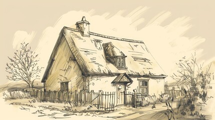A hand-drawn sketch of a quaint cottage in the countryside  AI generated illustration