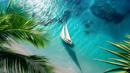 banner for tourist services, top view of a sailboat against the background of a blue ocean with copy space