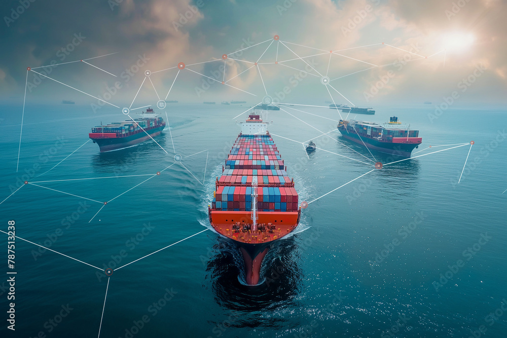 Aufkleber a network of cargo vessels is linked by transparent lines, embodying the principles of transparency 