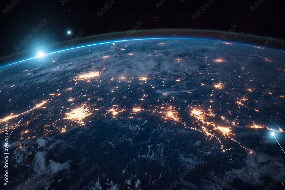 Poster from outer space, earth is depicted with glowing lines connecting regions, representing the seamless