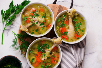 Polish Chicken soup with vegetables and barley .top veiw .style hugge - 787513218