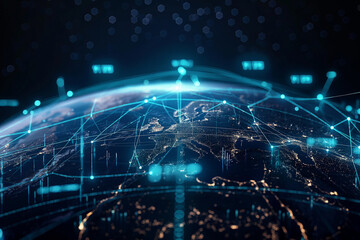 The planet Earth surrounded by digital pathways linking continents, showcasing the interconnectedness and efficiency of modern logistics and transportation.