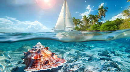 a white sailboat floats in blue transparent water through which large shells are visible in the background of palm trees and the blue sky