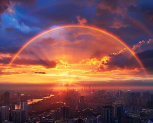 Rainbow formation after a storm captured over a cityscape - obrazy, fototapety, plakaty