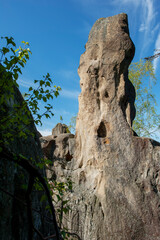 A beautiful panorama of rocks and young trees from the top of the National Reserve. Spring in the morning forest.