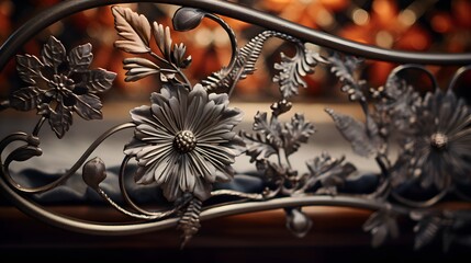 Close-up of a floral-inspired iron bed frame, rendered with realistic precision in stunning
