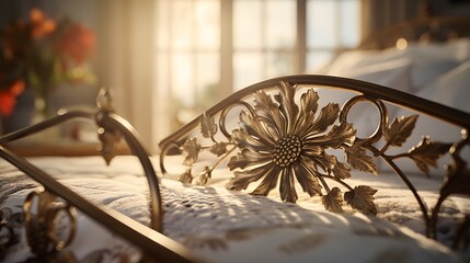 Intricate floral details on an iron bed, bathed in natural light, presented in ultra-HD precision.
