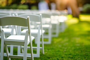 White chairs on green grass background, program chairs on outdoor, white chairs for program outdoor, meeting chair, chair for meeting outdoor, chair closeup