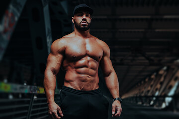 Young strong man bodybuilder posing on urban background