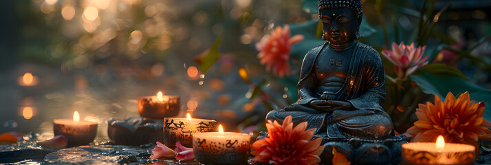 Serene buddha statue with candles and flowers,
Buddha Statue on Zen Lotus Flower Meditation
