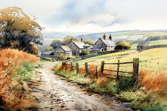 Watercolor painting of an UK country road rich in nature. Old European medieval style houses, buildings, barns and fields. Cloudy sky.