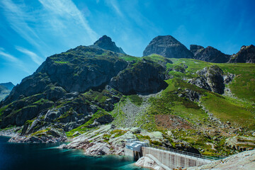 Gloriette reservoir and the Dam in French Pyrenees, Estaube valley, Hautes Pyrenees, France - obrazy, fototapety, plakaty